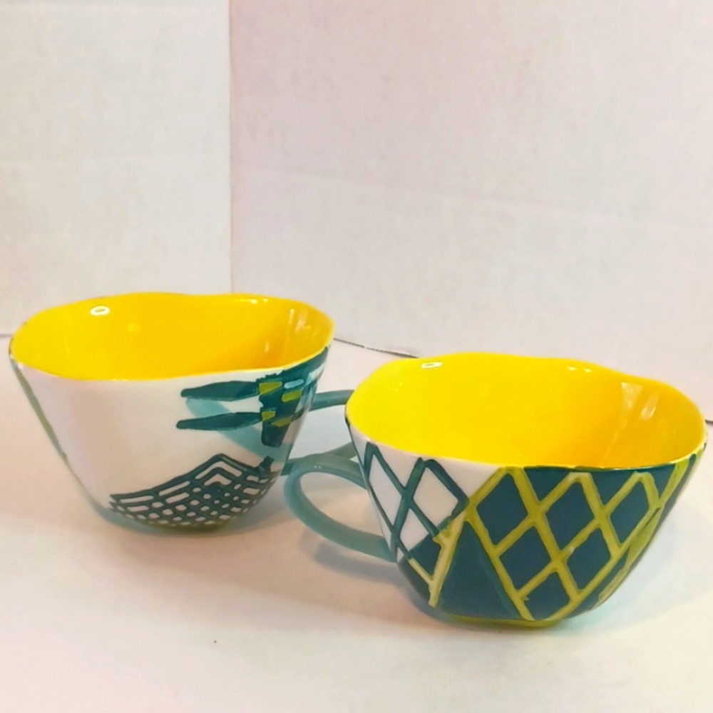 2Pc Anthropologie Art Deco Tea Cups Mugs Set of Two (2) 10 oz